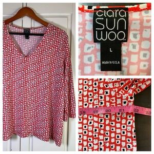 Clara Sun Woo Geometric Print Shirt Blouse Top Large Flowy Stretch Office Church